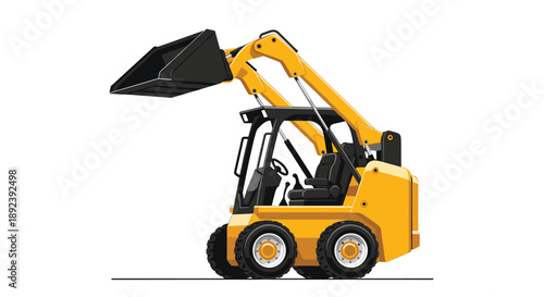 Compact Yellow Skid Steer Loader Vehicle with Hydraulic Raised Bucket for Earthmoving and Loading Tasks on Construction Grounds Isolated Illustration.