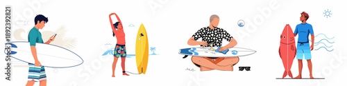 Surfing lifestyle bundle featuring young people preparing for the ocean, stretching, waxing surfboards, and enjoying the summer beach vacation.