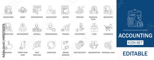 Financial Accounting Bookkeeping Budgeting Vector Icon Set.