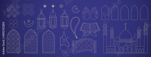 Ramadan Kareem geometric set of symbol. Minimal line art illustration. Modern Arabic design art.Vector icons.