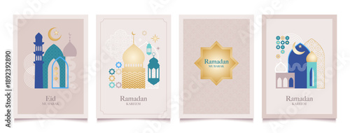 Ramadan Kareem set of greeting cards with mosque doors, arabic arches, patterns. Abstract templates of backgrounds. Trendy minimal line art design. Vector illustration.