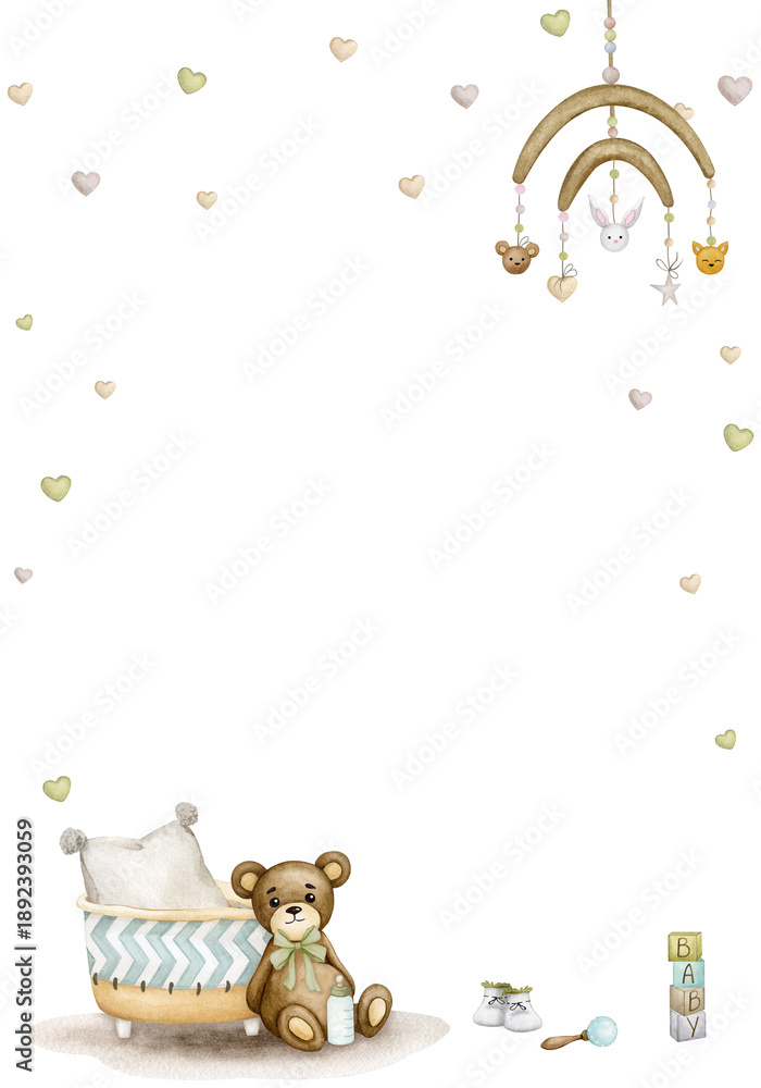 Fototapeta premium Cute teddy bear. Watercolor frame, banner, backdrop for birthday, gender party, baby shower, children's party. Vertical card, poster, invitation, greeting card. Scandinavian style, boho, retro. 
