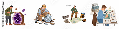 Geology and Mineralogy Collection Concept: Set of Illustrations Featuring Geologists, Collectors, and Researchers Examining Crystals, Fossils, and Mapping Expeditions.