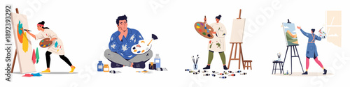 Vector set of diverse artists painting on canvas, showing the creative process, inspiration, and studio work with easels and palettes.