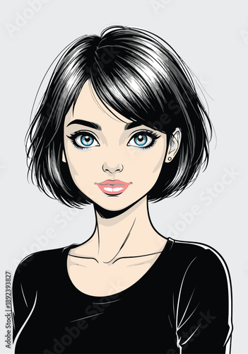 048-11-Young woman with bob black hair and blue eyes looking at viewer