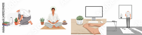 Self-Care and Wellness Activities Illustration Set: Meditation, indoor gardening, hydration, and relaxing breaks at a modern home office desk.