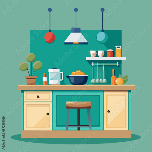 Small Kitchen Corner with Counter and Hanging Lights Vector