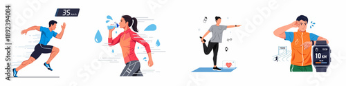 Set of illustrations depicting running and fitness activities: sprinting, hydration, stretching, and checking workout progress on a smartwatch.