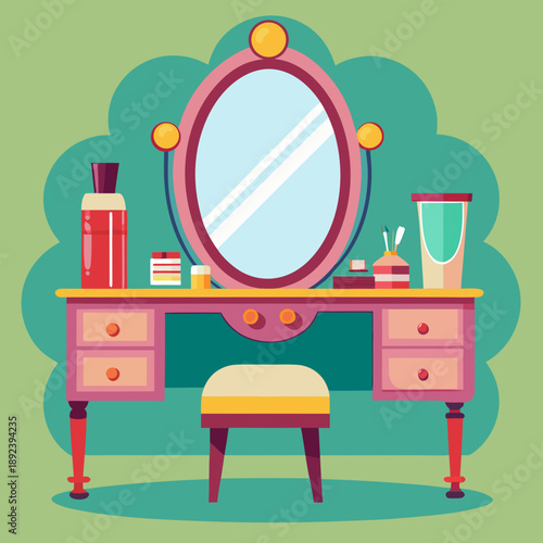 Classic Dressing Table with Mirror and Cosmetics Vector