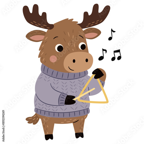 A cute moose in a sweater plays the triangle. Flat vector illustration in a simple children's style. . Vector illustration
