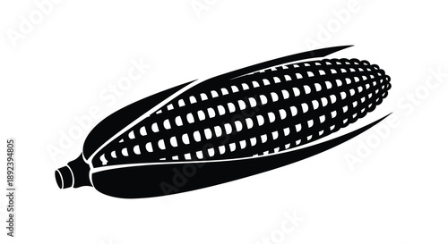 A striking black silhouette depicts a full ear of corn with husks partially peeled back showcasing detailed kernels silhouette