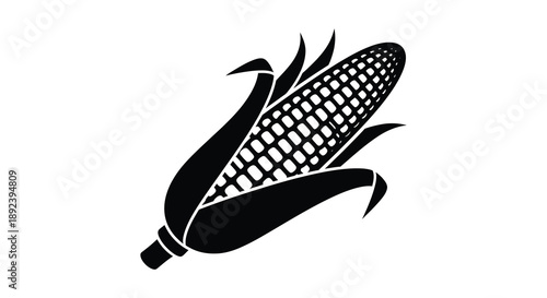 A striking black silhouette of a corn cob with husk leaves prominently displayed against a white background silhouette high quality