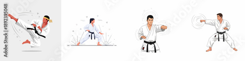 Dynamic collection of vector illustrations showing Karate practitioners in various fighting stances, including high kicks, blocks, and punches, representing martial arts training and skill.