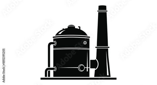 A stark black industrial complex featuring a cylindrical tank and chimney presented as a bold silhouette high quality professional detailed