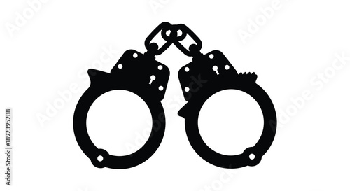 A stark black silhouette depicts a pair of open handcuffs symbolizing restriction and legal consequences silhouette high quality professional detailed