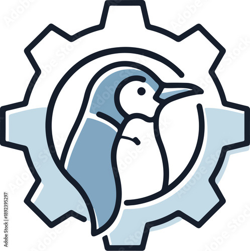 Illustration of a penguin standing in front of a gear with blue and white colors and a simple line art style on a white background.