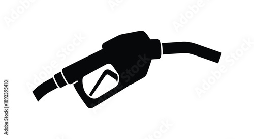 A striking black silhouette depicts a gas pump nozzle angled downwards against a plain white background creating a bold image silhouette