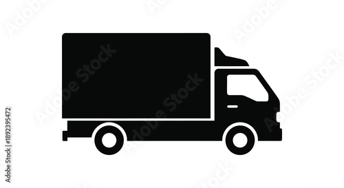 A stark black silhouette depicts a box truck viewed from the side showcasing its simple form and design silhouette