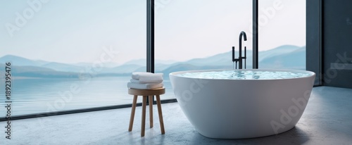 The freestanding bathtub by large glass window overlooking tranquil lake and distant mountains