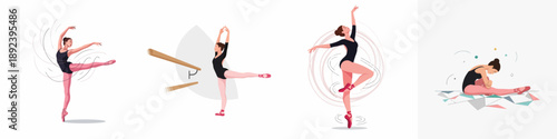 Four vignettes illustrating a ballerina practicing various elegant poses, from dynamic spins on pointe to stretching by the barre.