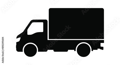 A stark black silhouette depicts a side view of a delivery truck showcasing its boxy shape and wheels silhouette