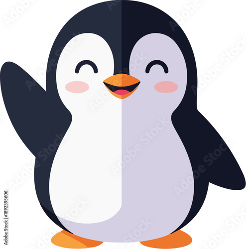 A cheerful cartoon penguin with a winking expression standing on a clean white background with a playful mood.