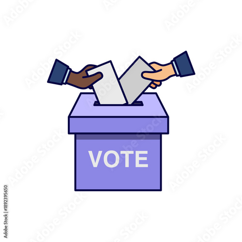 Multiple hands placing ballots into vote box, diversity and democracy illustration