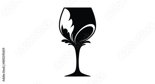 A striking black silhouette depicts a full wine glass with swirling floral designs offering an elegant and artistic composition silhouette