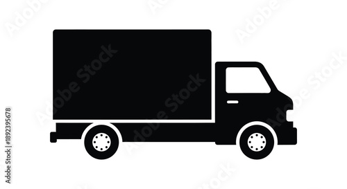 A stark black silhouette of a delivery truck is prominently displayed against a clean white background offering a simple silhouette