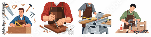 Woodworking processes montage: Measuring, carving, sawing, and assembling furniture using hand tools and power equipment.