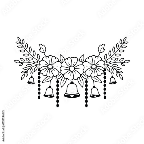 Delicate floral garland with hanging bells and leafy branches artistic illustration