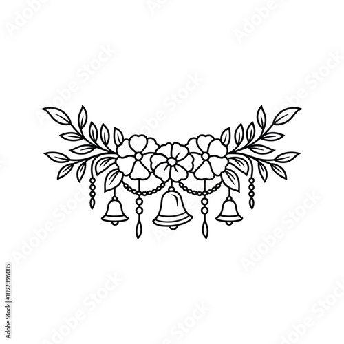 Decorative floral garland with hanging bells and beads isolated on a white background