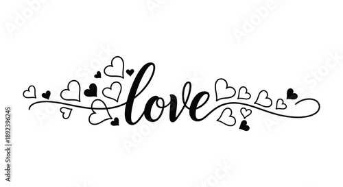 An artistic black and white illustration features the word love surrounded by decorative hearts and swirling script a lovely silhouette high quality