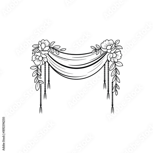 Elegant floral draped fabric with hanging beaded garlands and leaves artistic illustration