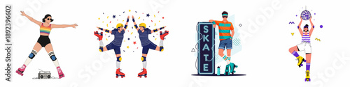 Dynamic Retro Roller Skating Vector Set: People Dancing, Celebrating, and Posing in Quad Skates with 80s Disco Style.