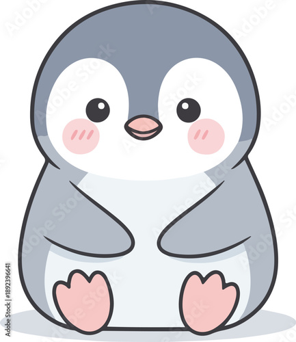 A cute cartoon penguin with rosy cheeks and a cheerful expression sits upright on a gray shadow against a clean white background.