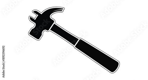 A stark black silhouette of a claw hammer rests diagonally against a pure white background creating a simple image silhouette