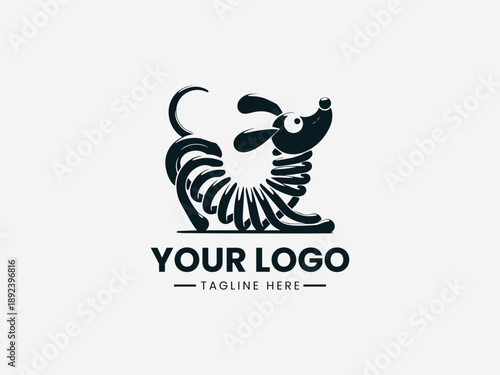 Playful slinky spring dog stretched in motion representing fun flexibility and creative mascot identity in black vector logo illustration