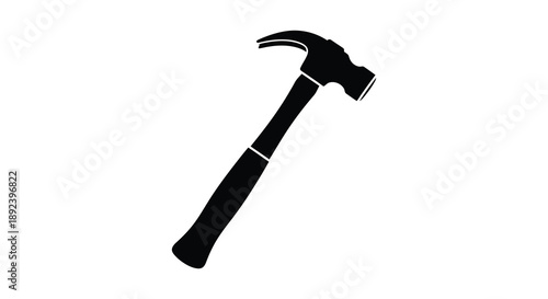 A striking black silhouette depicts a classic claw hammer against a plain white background emphasizing its tool shape silhouette
