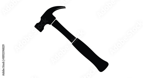 A stark black silhouette of a common claw hammer rests diagonally on a clean white background emphasizing its form silhouette