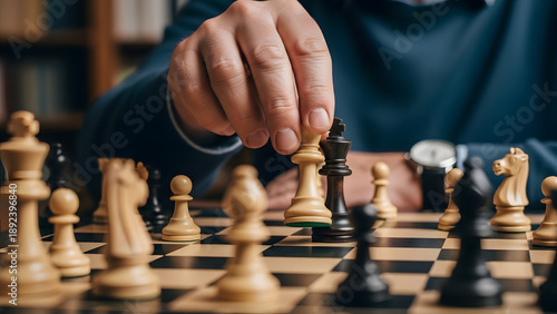 Close-up of a person's hand moving a white king chess piece during an intense game on a wooden chessboard.