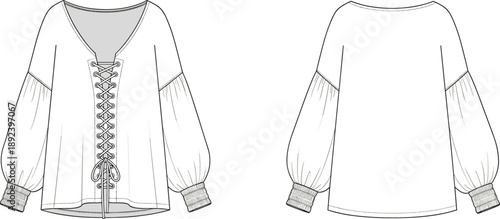 Technical fashion illustration of blouse with lace-up V-neckline, voluminous sleeves, ribbed cuffs — front and back views