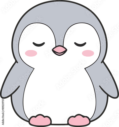 A cartoon penguin with closed eyes and rosy cheeks against a white background, conveying a peaceful and cute mood.