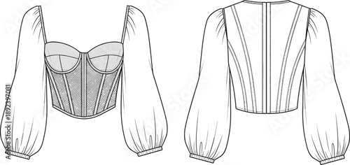 Fashion Technical Sketch of a Women's Corset Top Featuring Long Puff Bishop Sleeves Sweetheart Neckline and Front Paneling Detail for Design Development