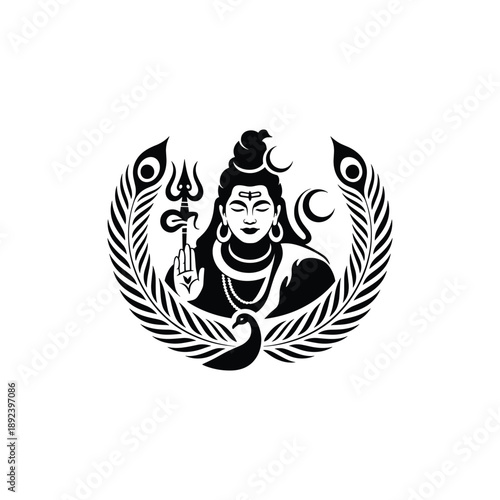 Stylized illustration of Lord Shiva in a circular motif with peacock feathers and a bird