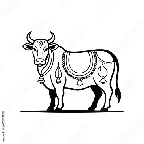 Stylized Indian Zebu cow decorated with bells and ornate saddle blanket isolated on transparent background