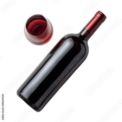 High-angle view of a sleek red wine bottle with a metallic red cap next to a filled glass of red wine ,isolated on transparent background