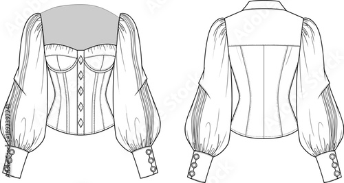 Technical fashion illustration of corset-style top with sweetheart neckline, puff sleeves, button cuffs, and structured back seams.