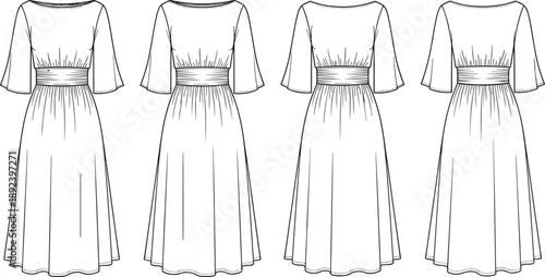 Technical fashion illustration of flared sleeve midi dress with round neckline, fitted waist — multiple front views