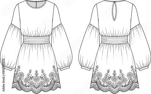 Technical fashion illustration of embroidered dress with puff sleeves, pleated waistband, scalloped lace hem, and keyhole back opening.
